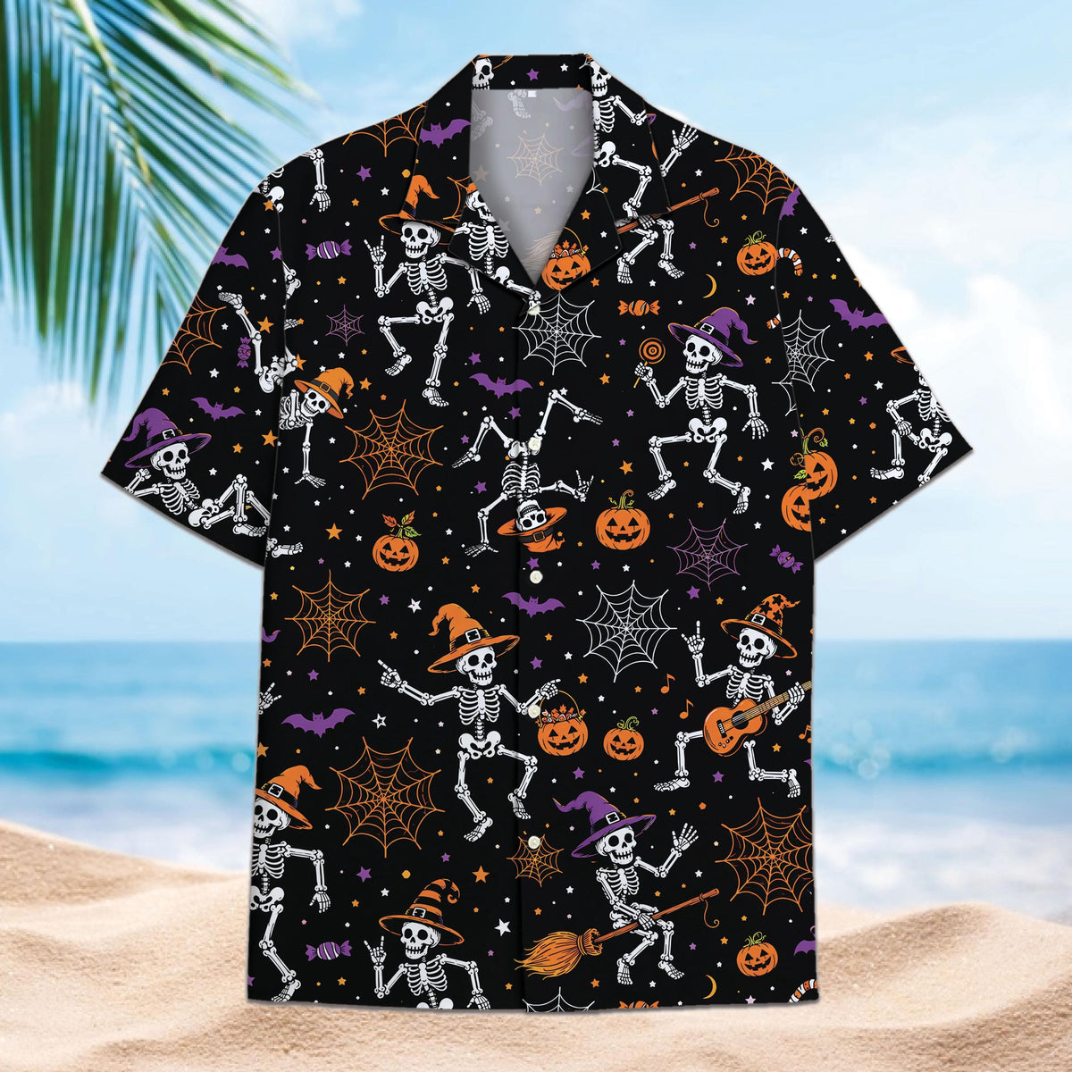 Black Halloween Hawaiian shirt with dancing skeletons, pumpkins, bats and spiderwebs on a beach background