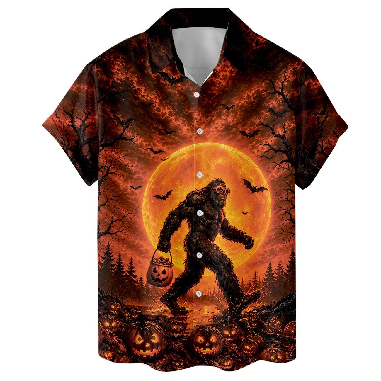 Close front view of Bigfoot Halloween shirt with bats, pumpkin moon, and carved pumpkins
