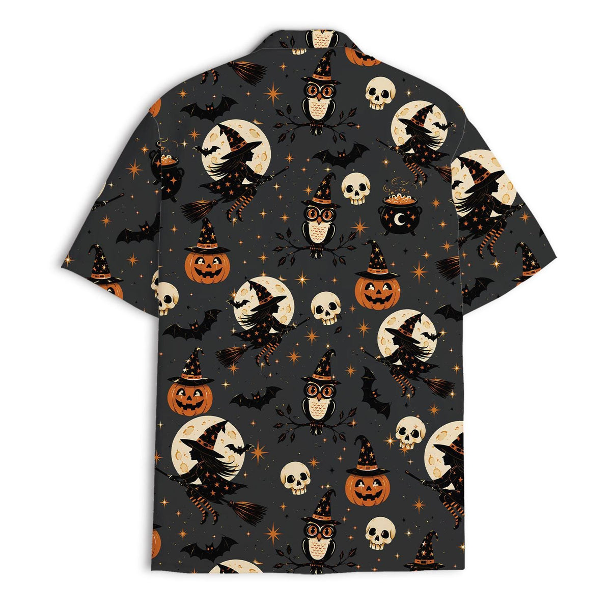 Back view of charcoal Hawaiian shirt with witches, pumpkins, bats, and moon motifs