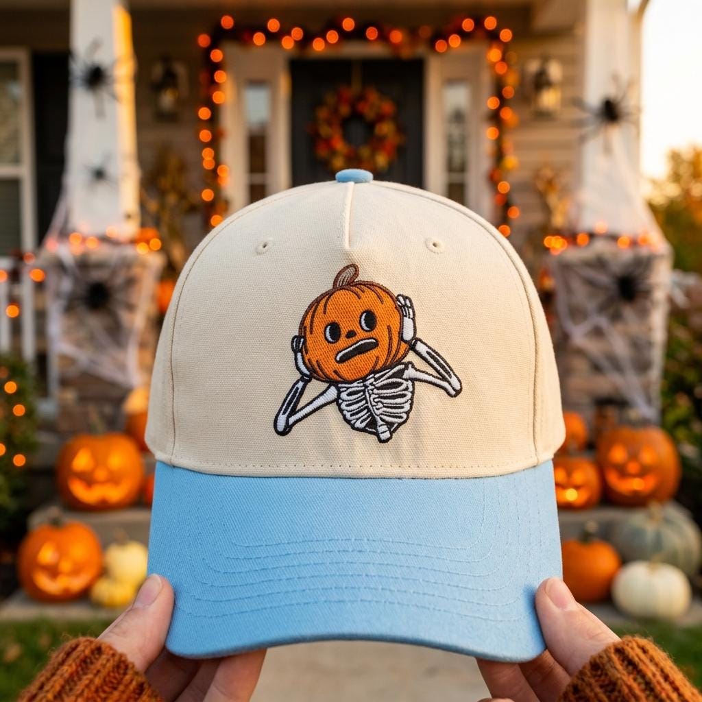 Cream and light blue Halloween cap with embroidered pumpkin skeleton design