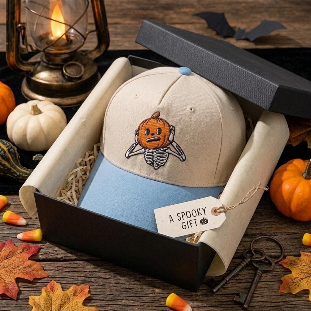 Pumpkin skeleton cap presented in a gift box with Halloween decorations