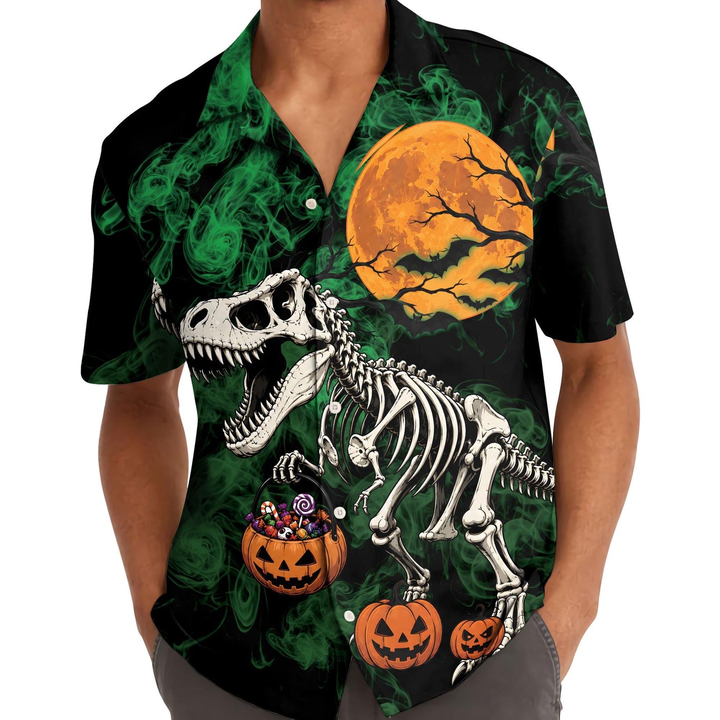Model wearing the skeleton T-Rex Halloween Hawaiian shirt with orange moon and pumpkin graphics