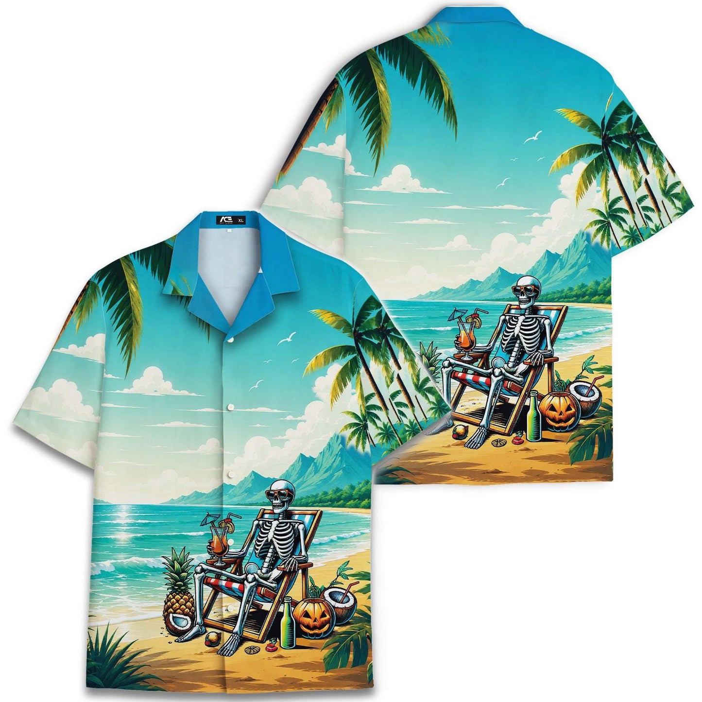 Front and back view of a tropical skeleton beach Hawaiian shirt with palm trees and ocean scenery