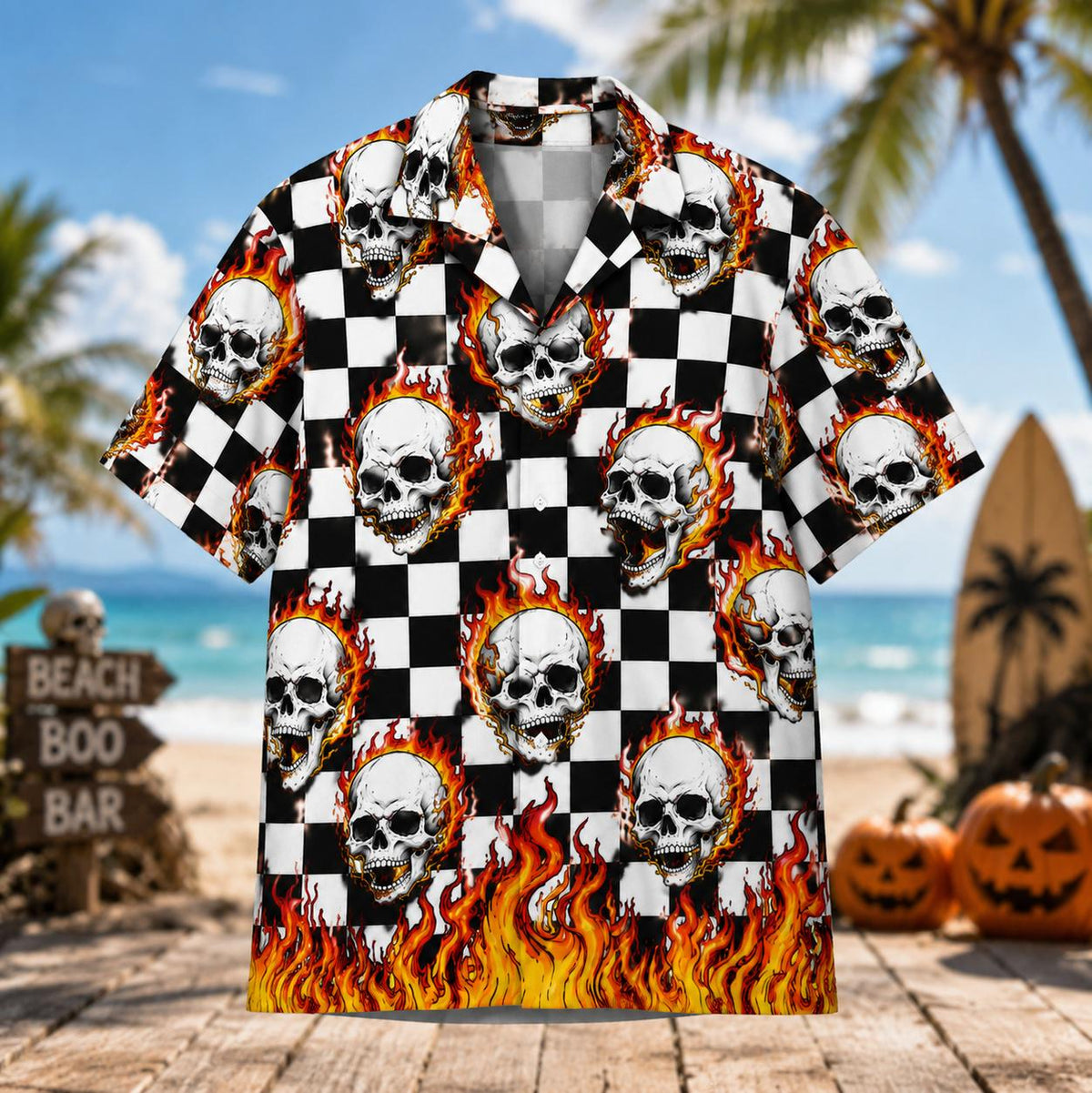 Front view of black and white checkerboard Hawaiian shirt with flaming skull graphics
