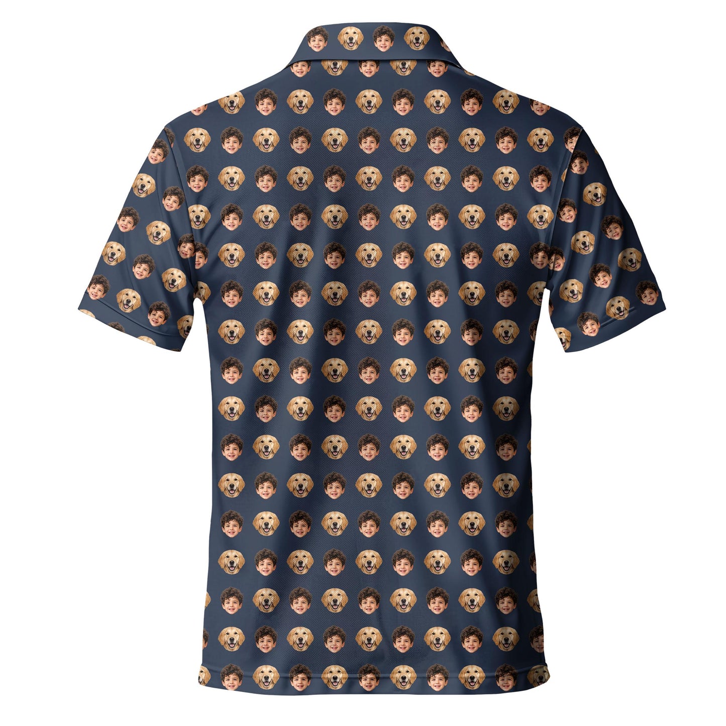 Back view showing the allover child and golden retriever face pattern on the navy shirt