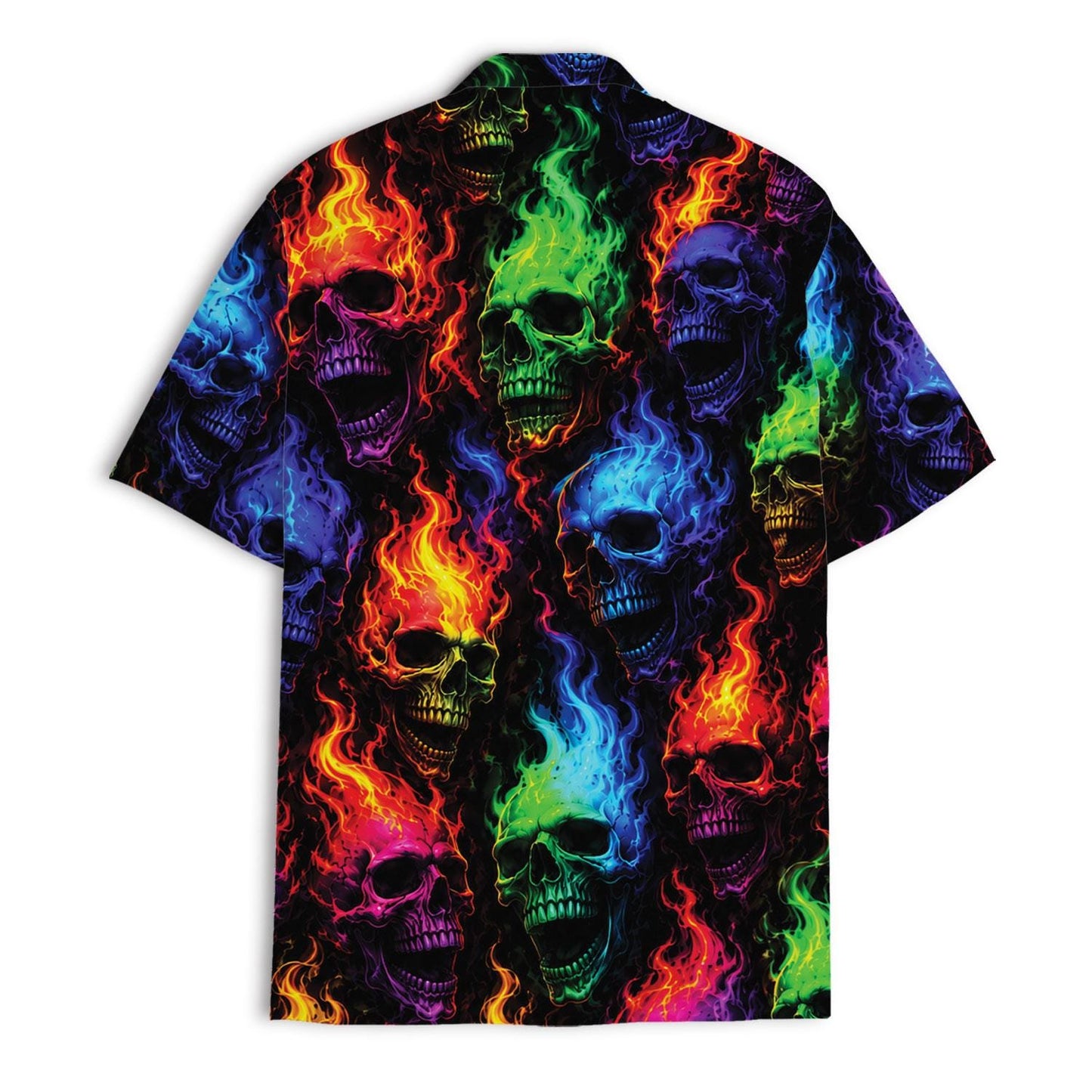 Back view of colorful all-over flaming skull Hawaiian shirt
