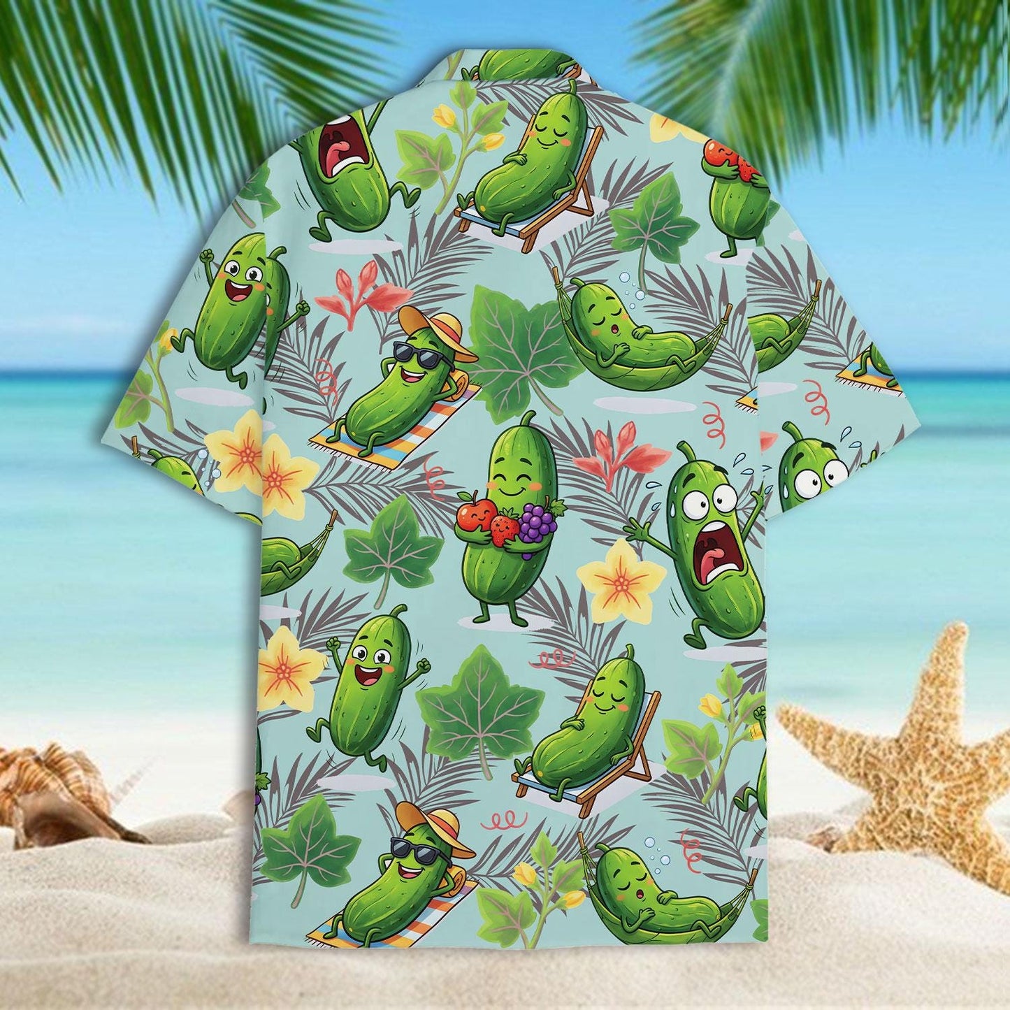 Front view of a short-sleeve Hawaiian shirt covered in funny cartoon pickles