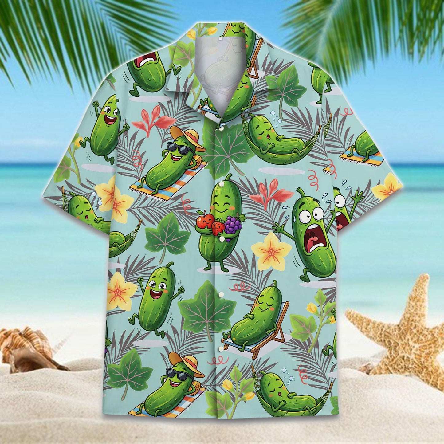 Front view of a cartoon pickle Hawaiian shirt with tropical leaves and colorful flowers