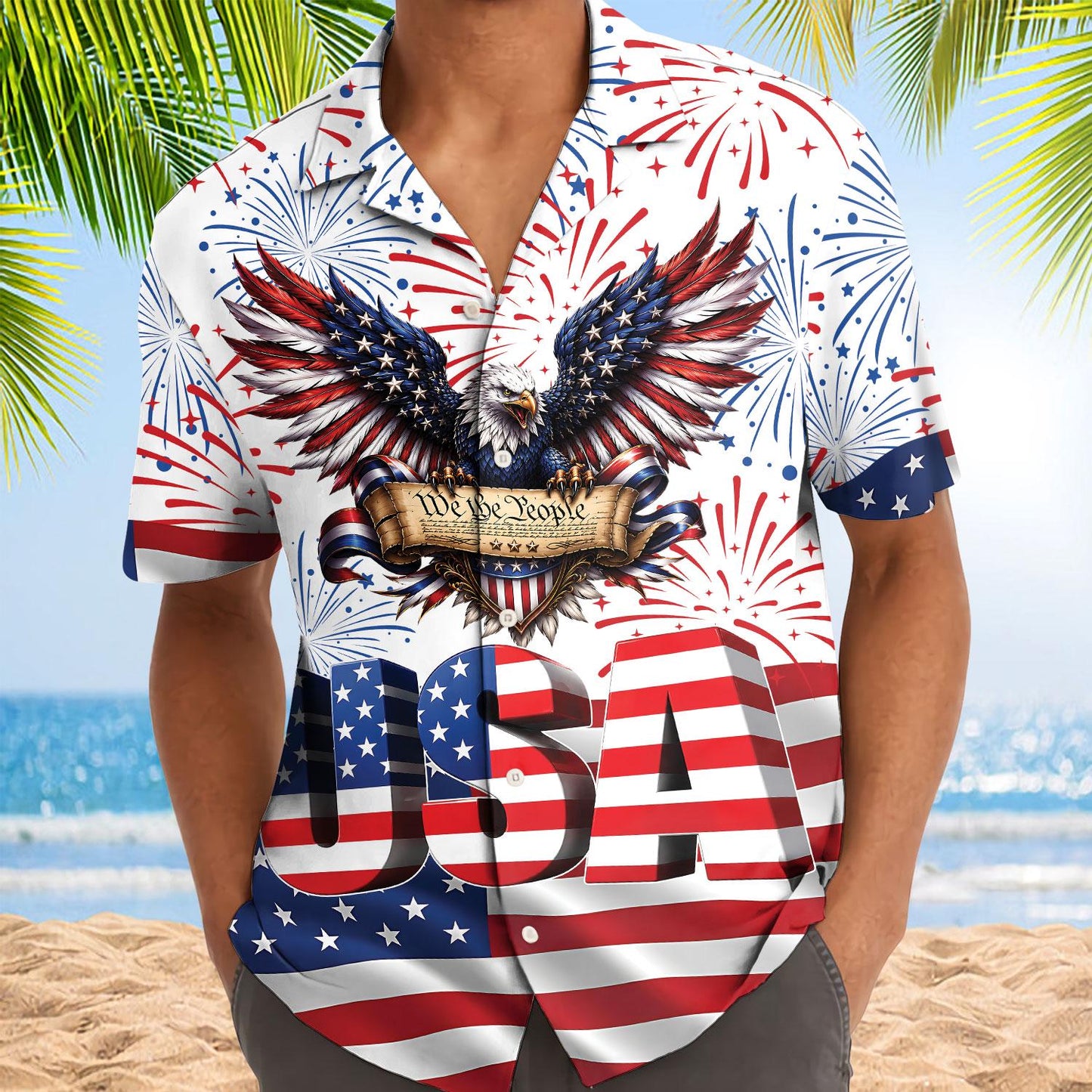 Patriotic USA Hawaiian shirt modeled with an open collar and short sleeves