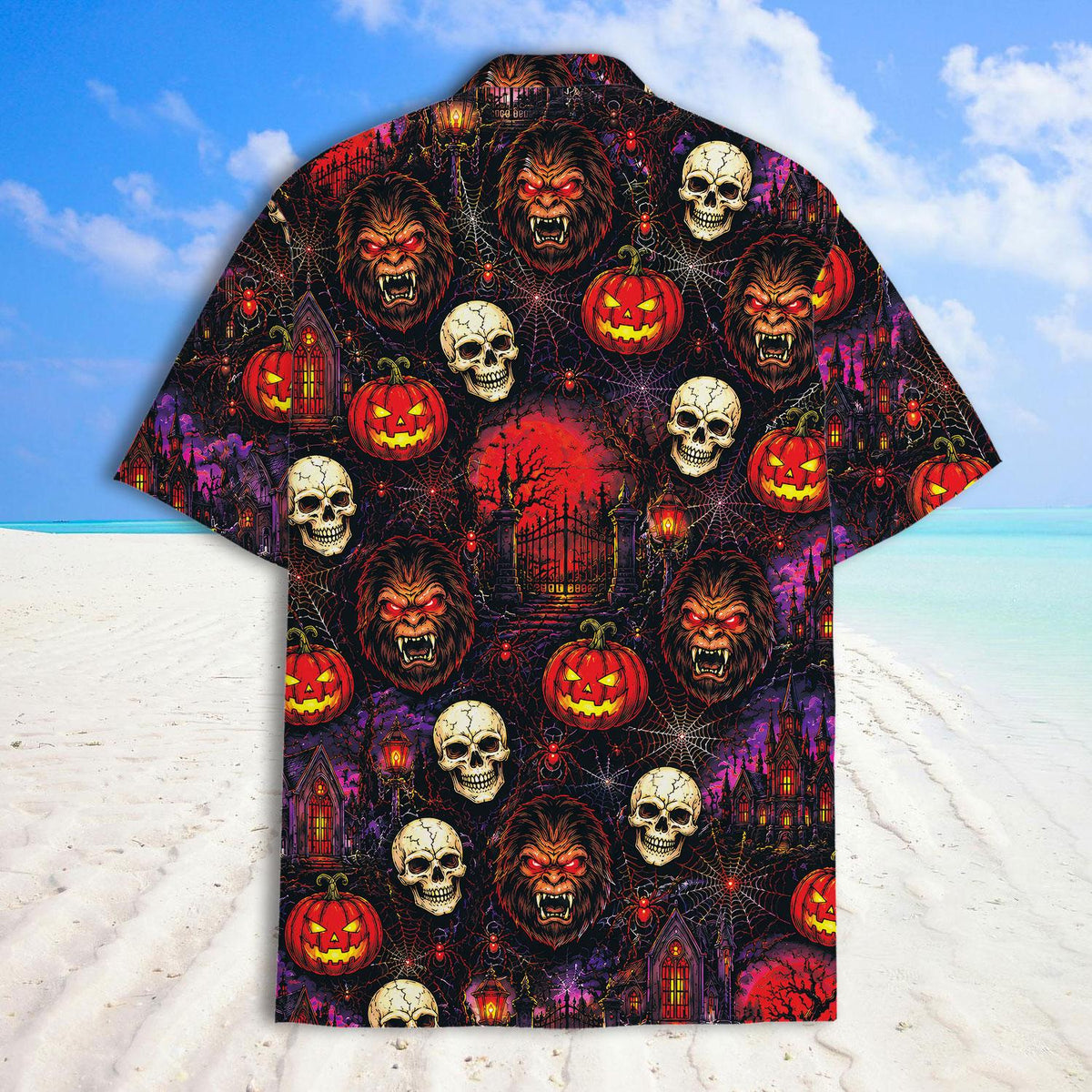Back view of Halloween Hawaiian shirt with werewolves, skulls, pumpkins, and haunted castles