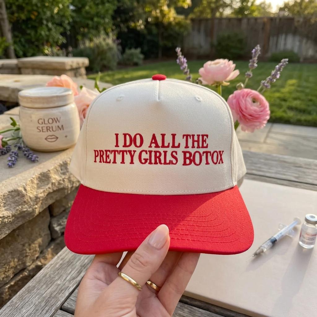 Cream and red embroidered trucker hat with “I Do All the Pretty Girls Botox” lettering