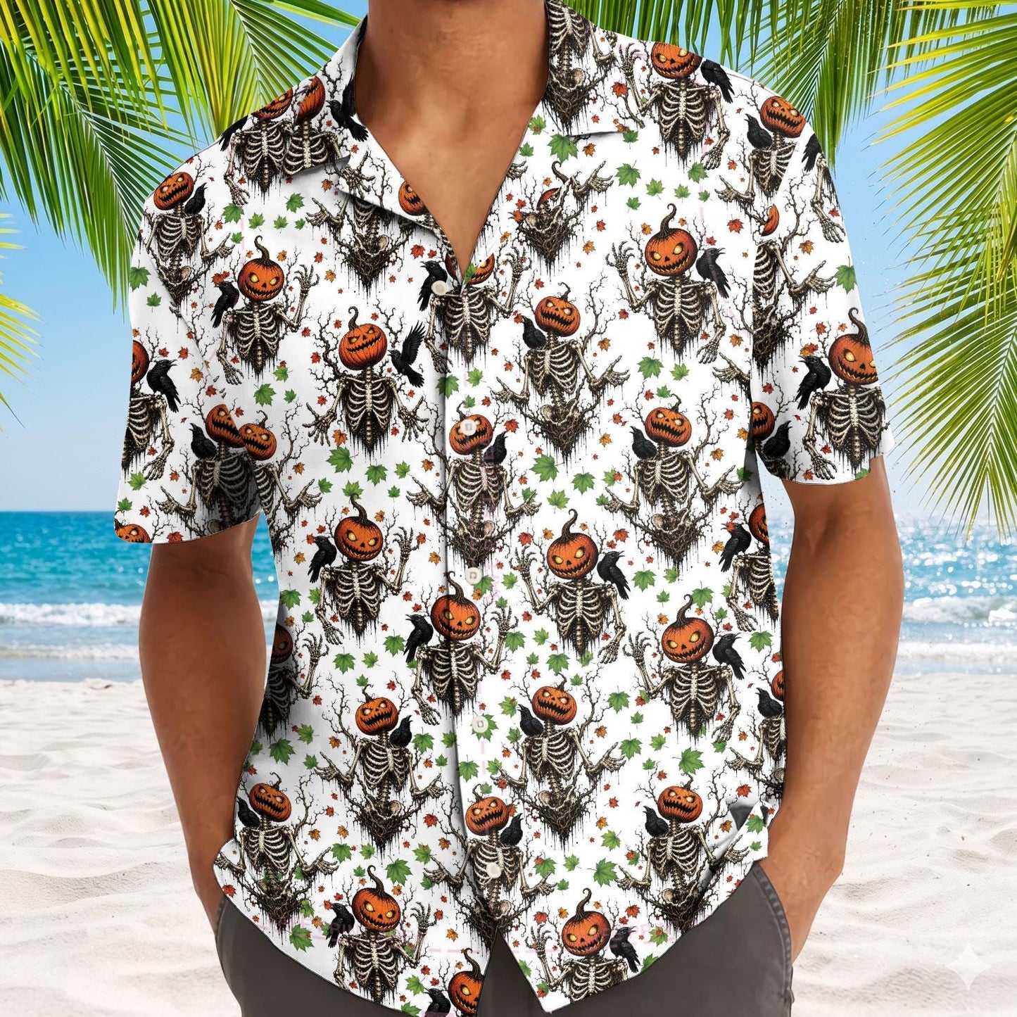 Model wearing a white pumpkin skeleton Hawaiian shirt