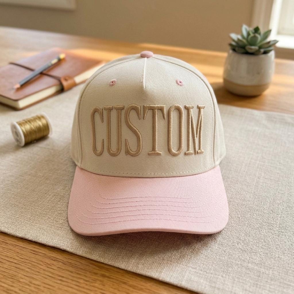 Cream hat with embroidered CUSTOM lettering and pink brim