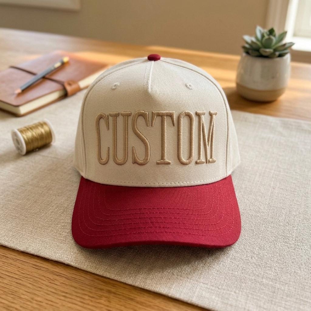 Cream hat with embroidered CUSTOM lettering and red brim