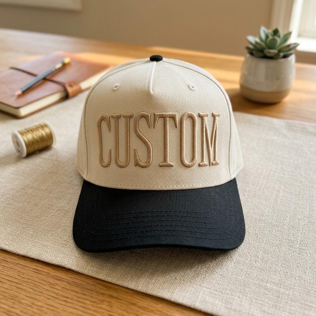 Cream and black two-tone hat with CUSTOM embroidery