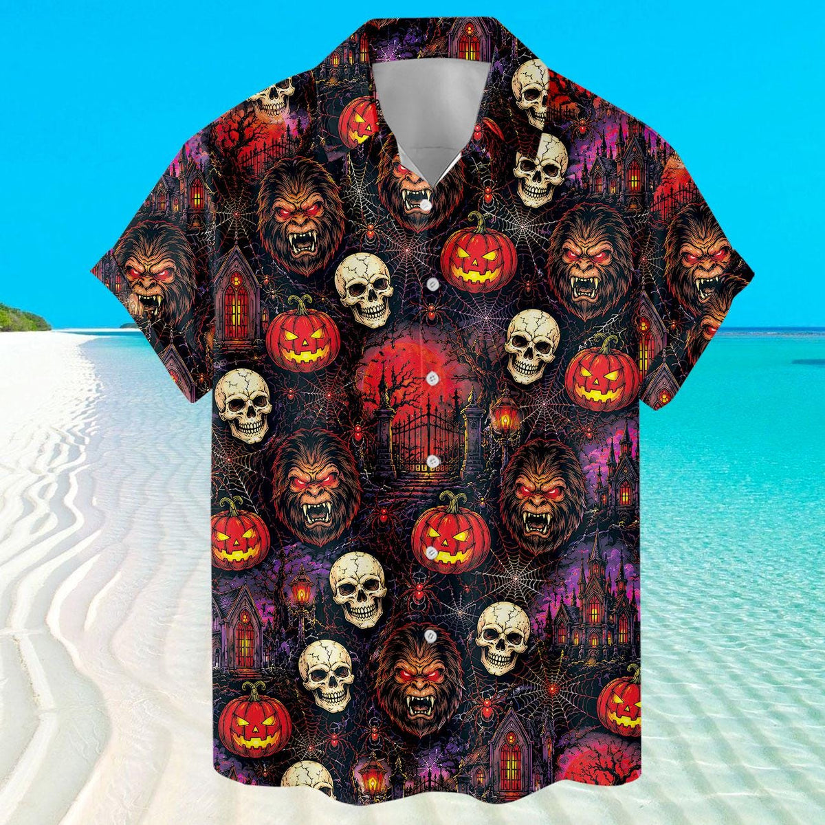 Front view of skull and jack-o-lantern Hawaiian shirt on a beach background