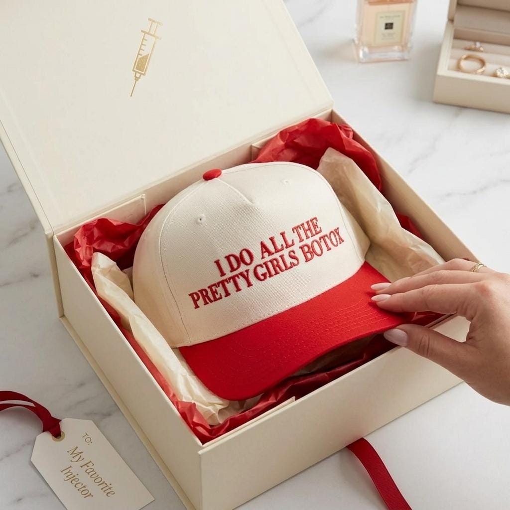 Embroidered pretty girls botox trucker hat presented in a gift box