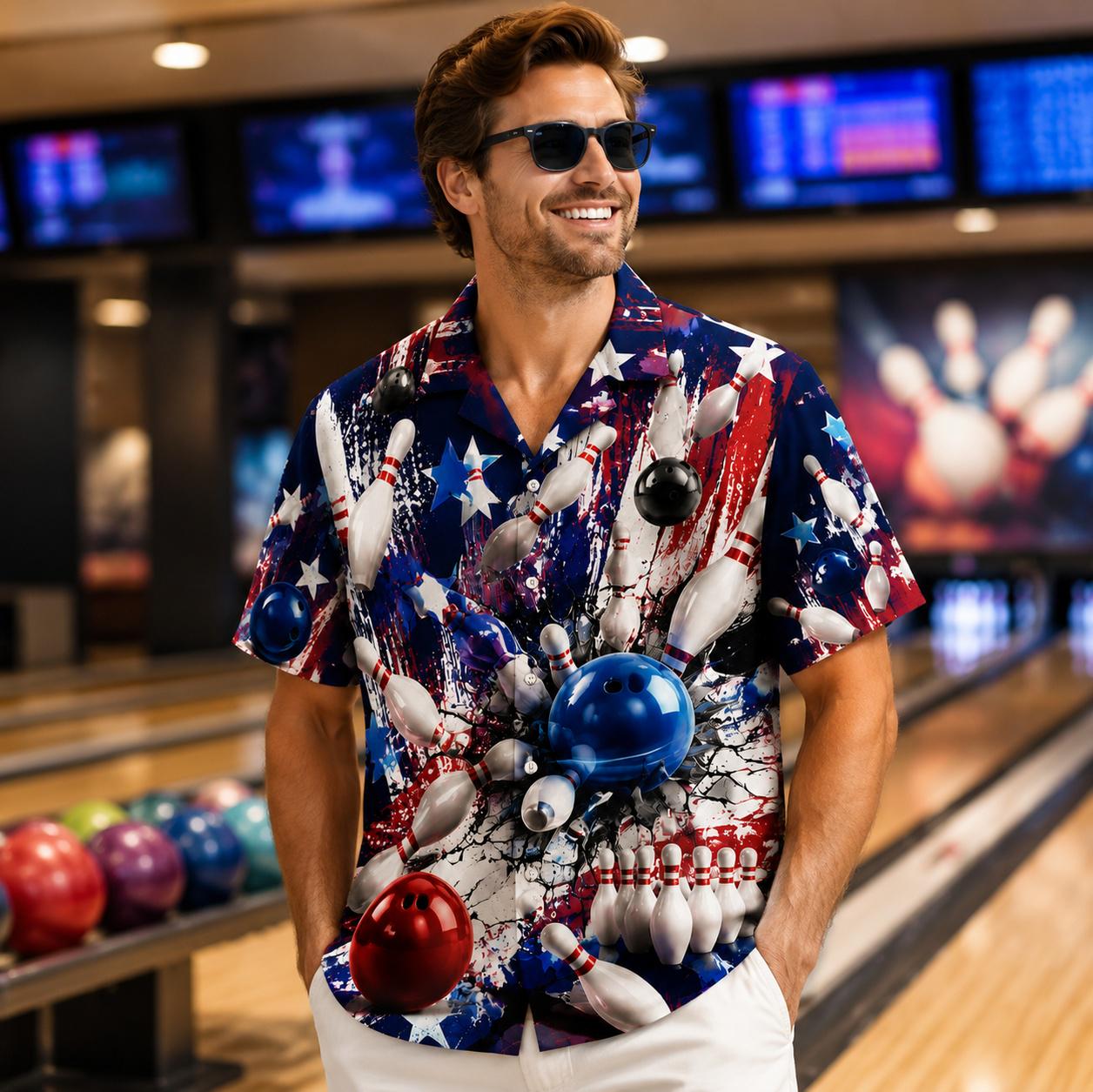 Model wearing a colorful patriotic bowling Hawaiian shirt at a bowling alley
