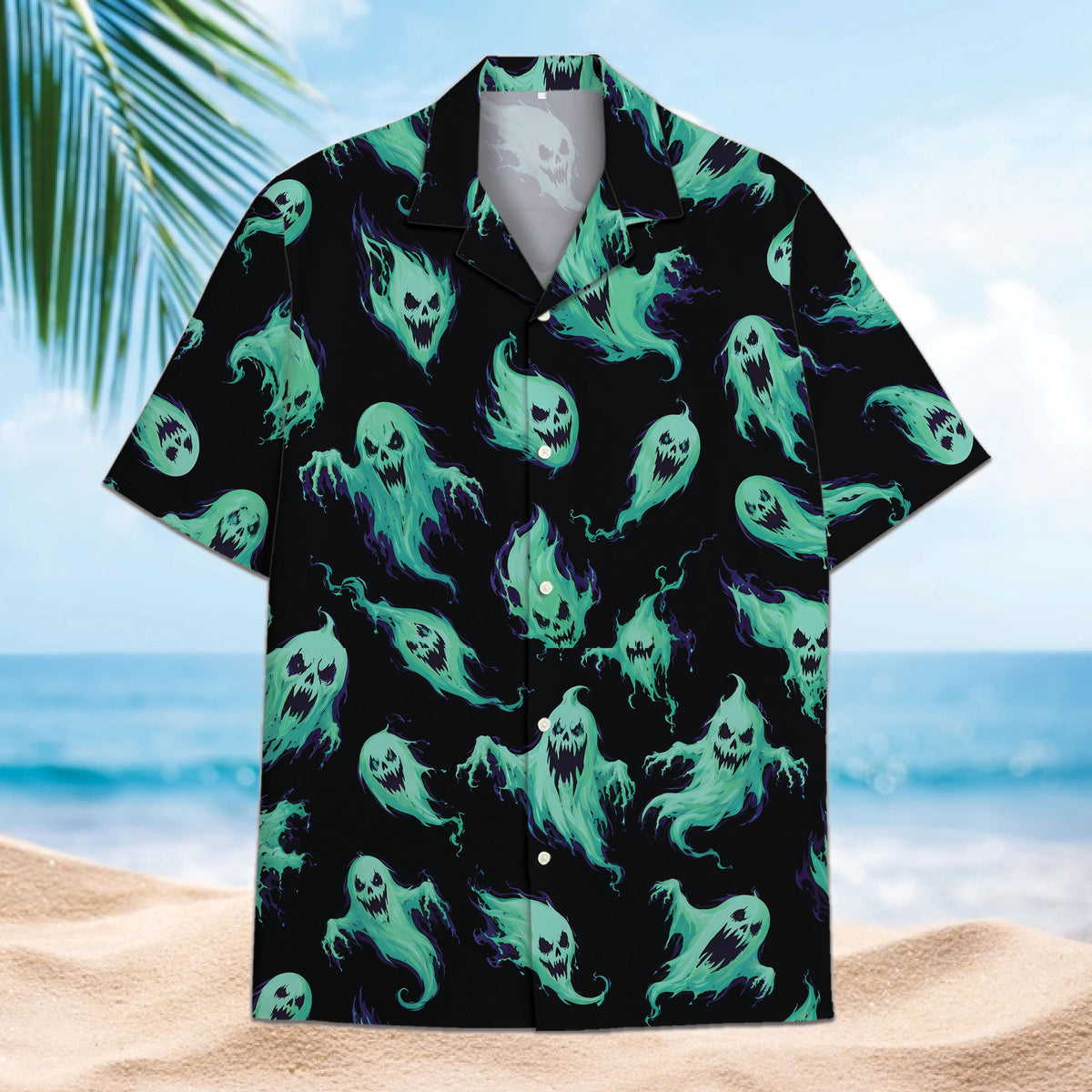 Front view of a black Hawaiian shirt with an allover mint green ghost pattern