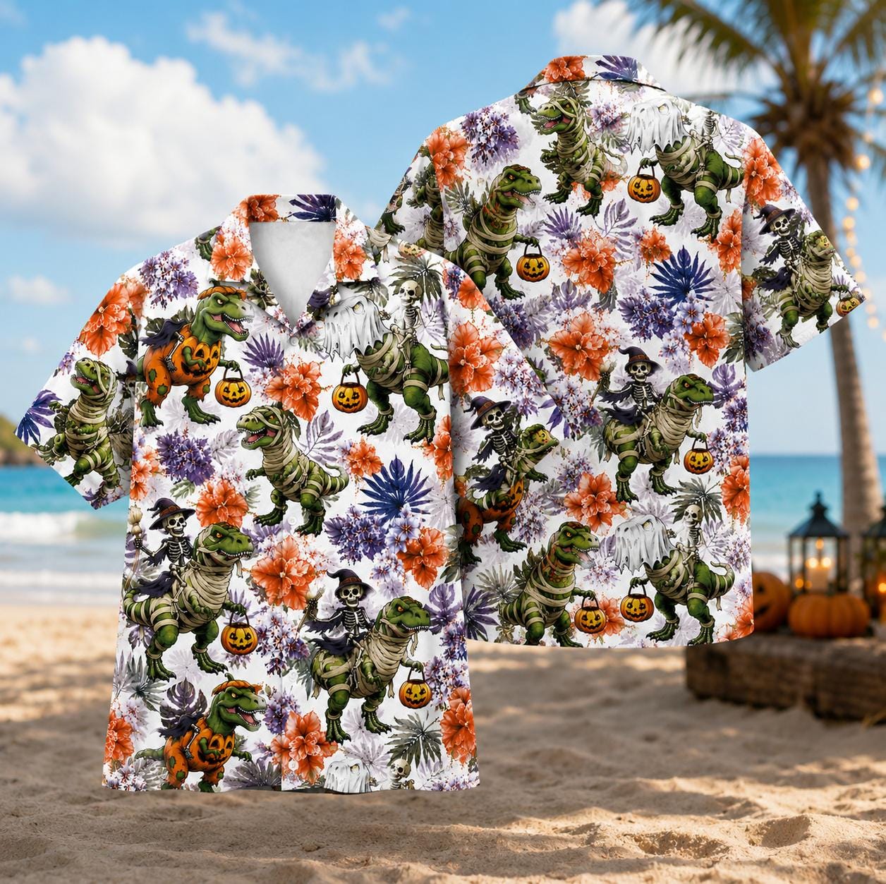 Front and back views of a Halloween dinosaur Hawaiian shirt with tropical flowers and pumpkins