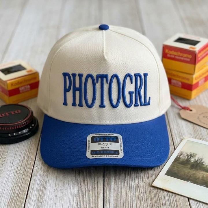 Cream and blue PHOTOGRL embroidered trucker hat
