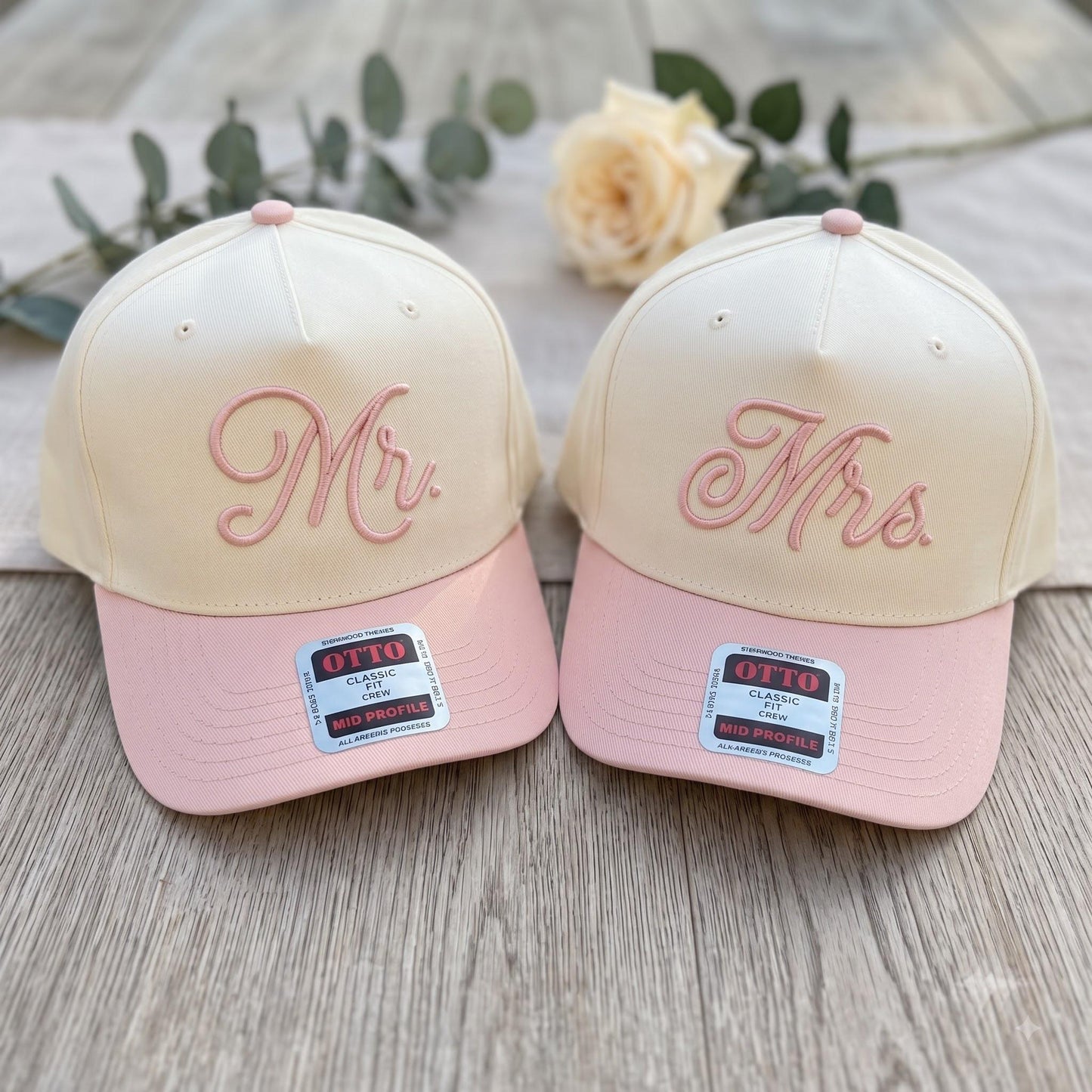 Matching cream and pink Mr. and Mrs. embroidered hats