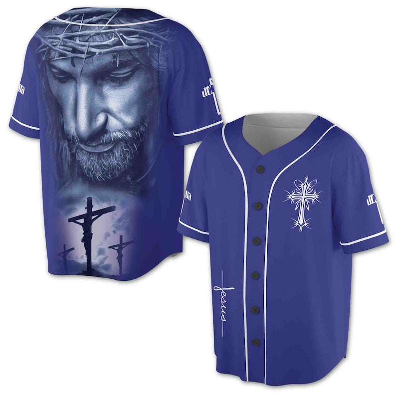 Blue Christian jersey with Jesus portrait and crucifixion graphic