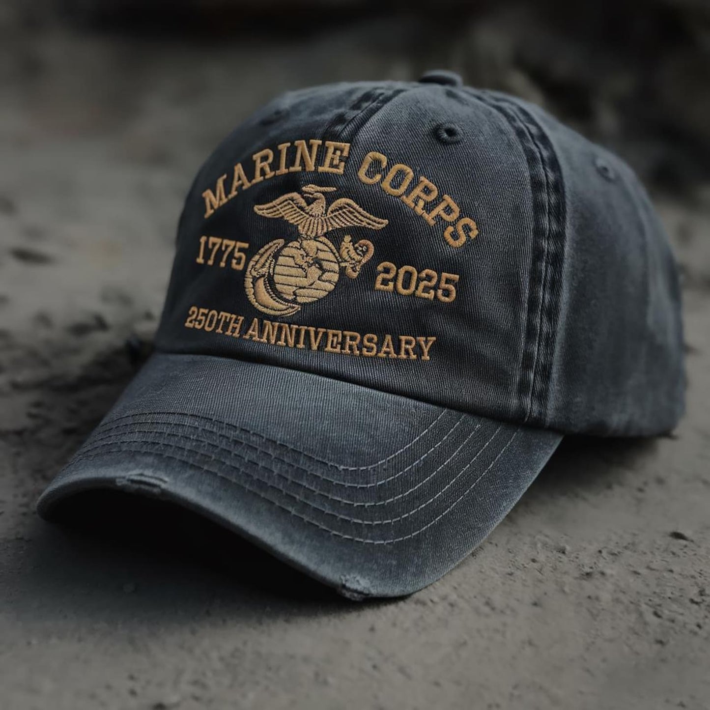 Distressed black embroidered hat with USMC emblem, 1775–2025 dates, and 250th Anniversary text – tribute to Marine Corps heritage.