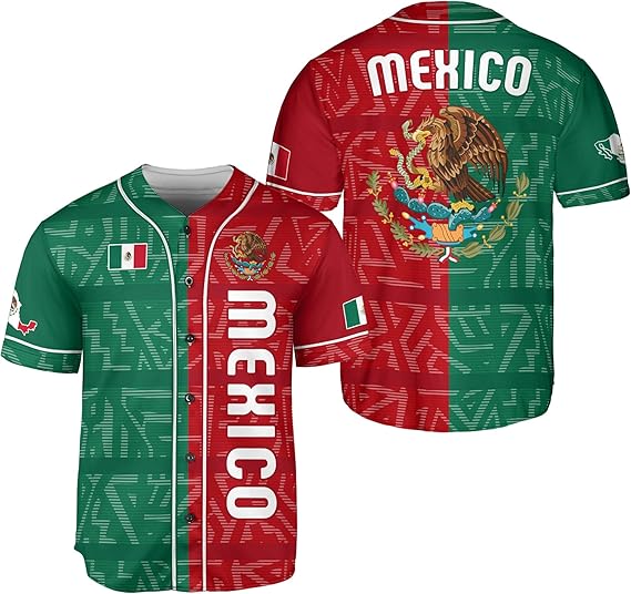 Mexico flag baseball jersey with red and green split design, vertical text, national crest, and sleeve flag patches