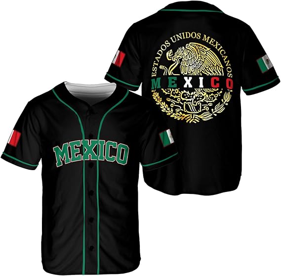 Black Mexico jersey with golden eagle crest, green piping, and national flag patches on sleeves