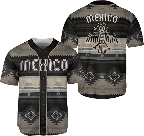 Mexico baseball jersey with tribal Aztec patterns, faded black and tan tones, and thunderbird symbol on the back