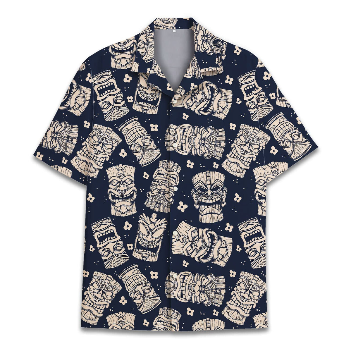 Navy blue Hawaiian shirt featuring beige tribal tiki masks, perfect for summer and beachwear