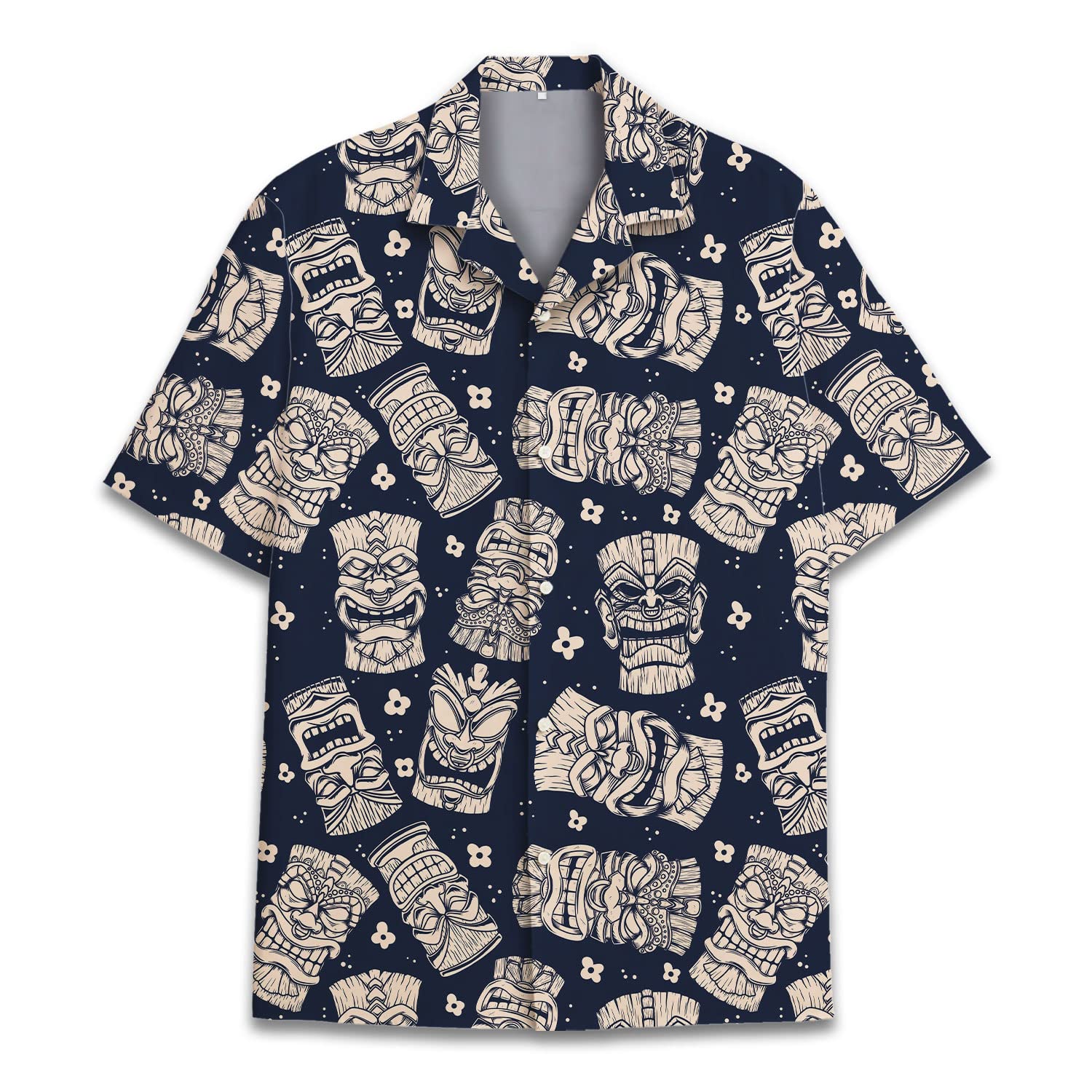 Navy blue Hawaiian shirt featuring beige tribal tiki masks, perfect for summer and beachwear