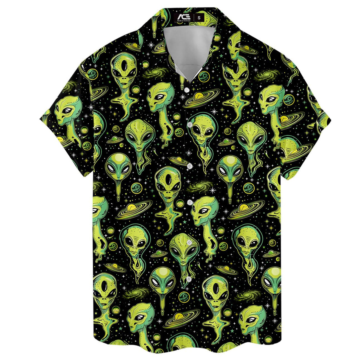 Black Hawaiian shirt with neon green alien faces and galactic background