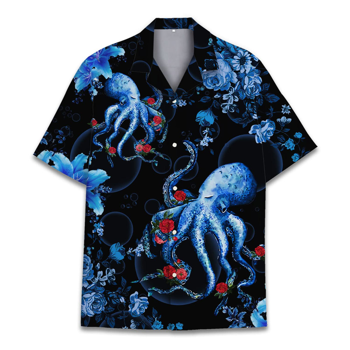 Black Hawaiian shirt featuring blue octopuses, red roses, and floral ocean elements – artistic and bold summerwear