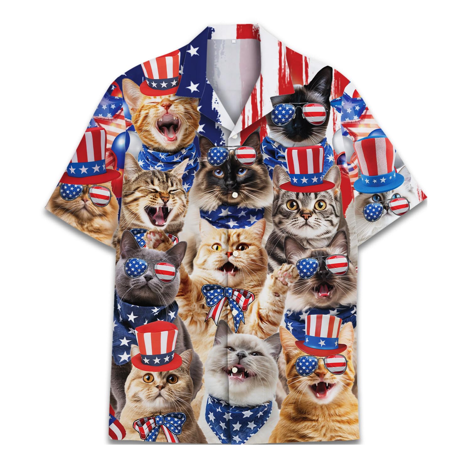 Patriotic cats in American flag outfits on Hawaiian shirt – funny 4th of July theme