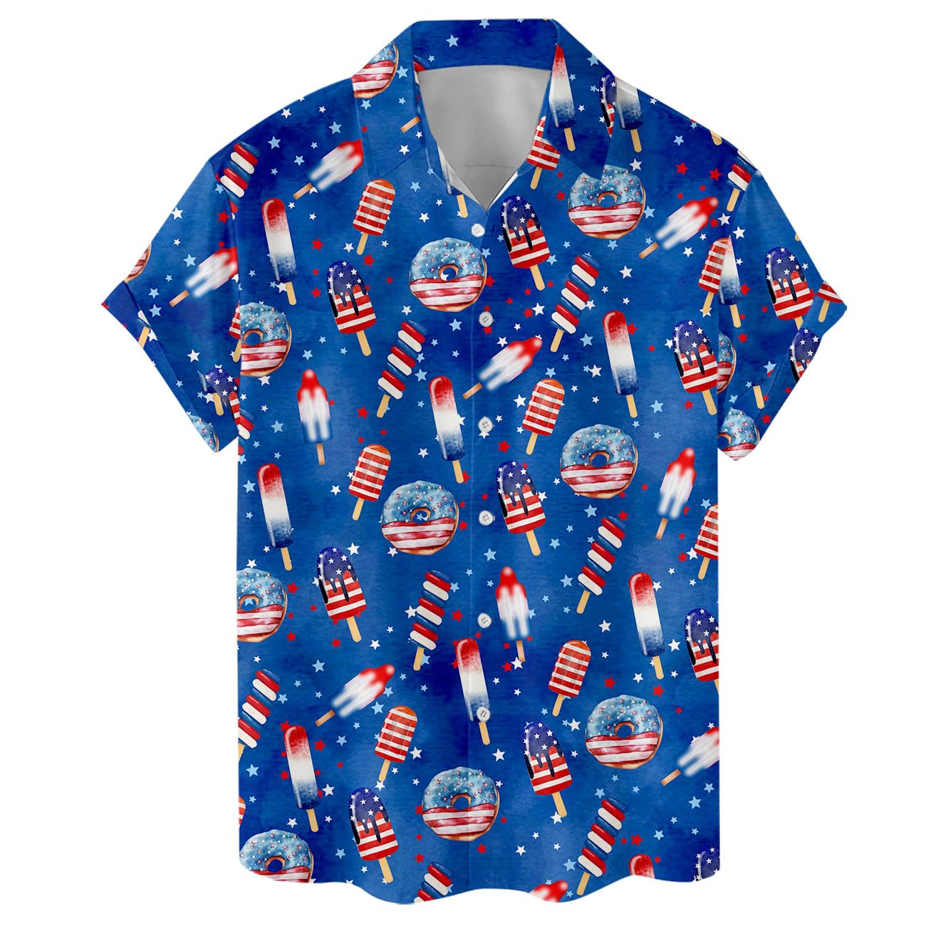 Hawaiian shirt with American flag popsicles, stars, and blue festive background