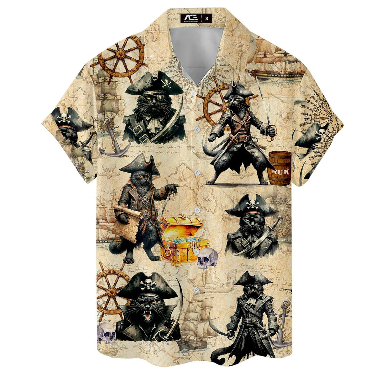 Pirate Cat Hawaiian Shirt with treasure map and sword print – tropical nautical shirt