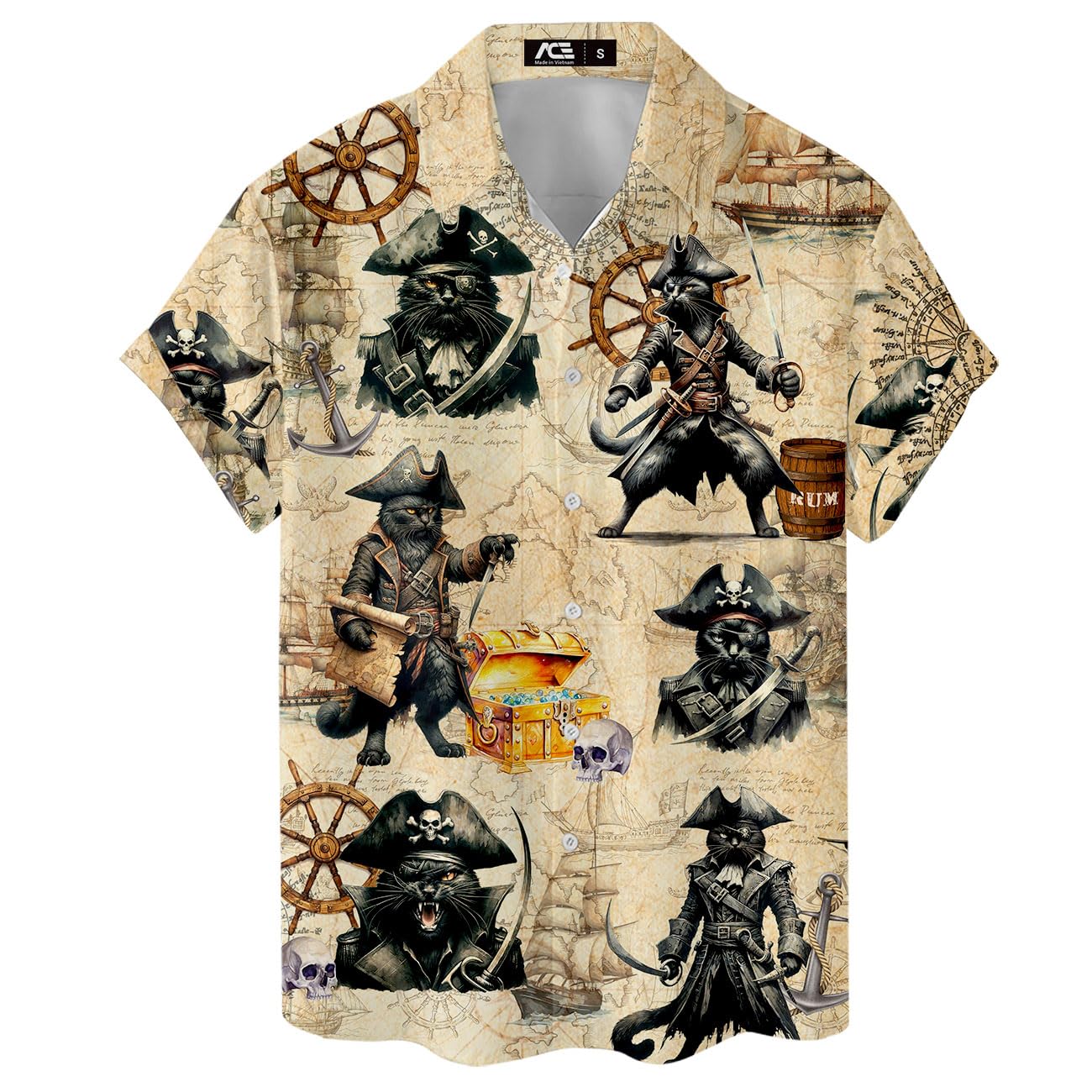 Pirate Cat Hawaiian Shirt with treasure map and sword print – tropical nautical shirt