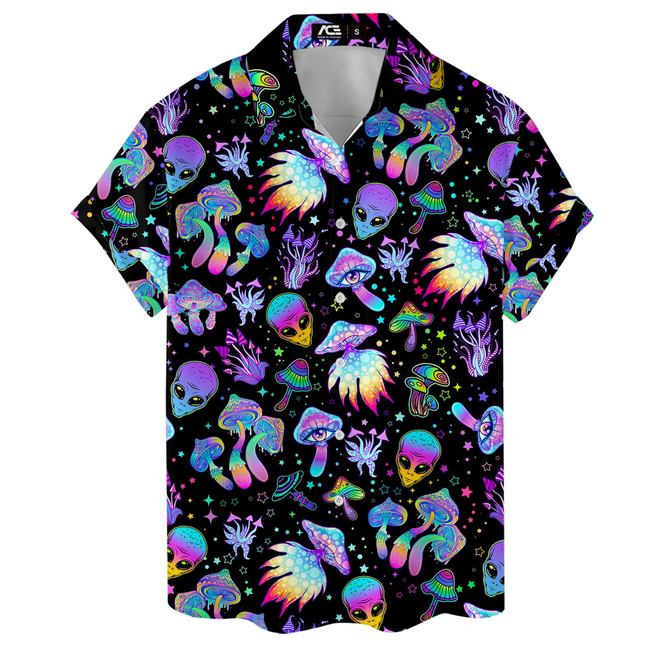 Hawaiian shirt with neon alien faces, psychedelic mushrooms, glowing hands, and cosmic artwork