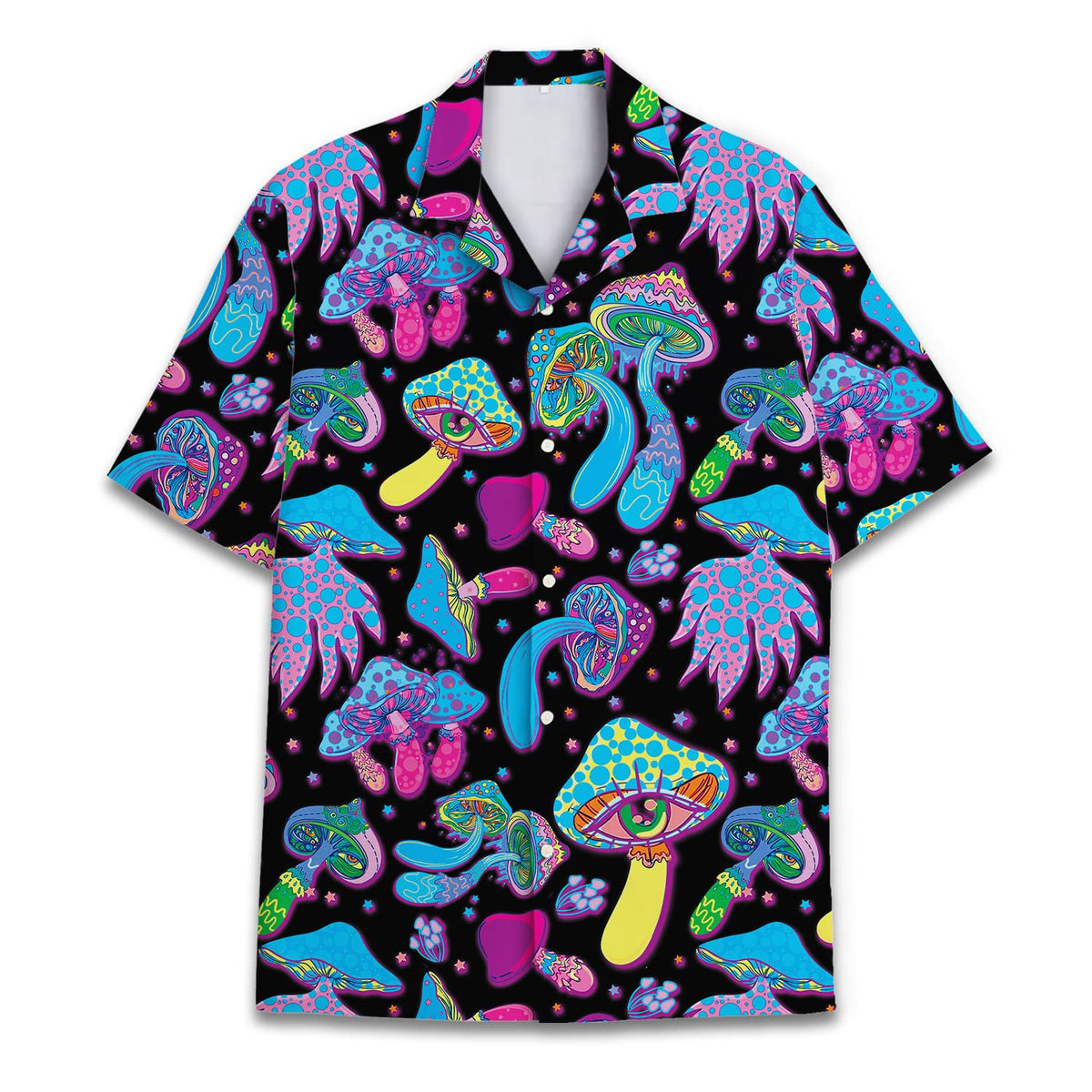 Psychedelic Hawaiian shirt with neon mushrooms and trippy eye patterns on black – perfect for festivals, raves, or summer parties