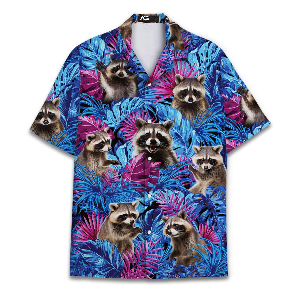Raccoon Hawaiian shirt with tropical blue and purple leaf pattern