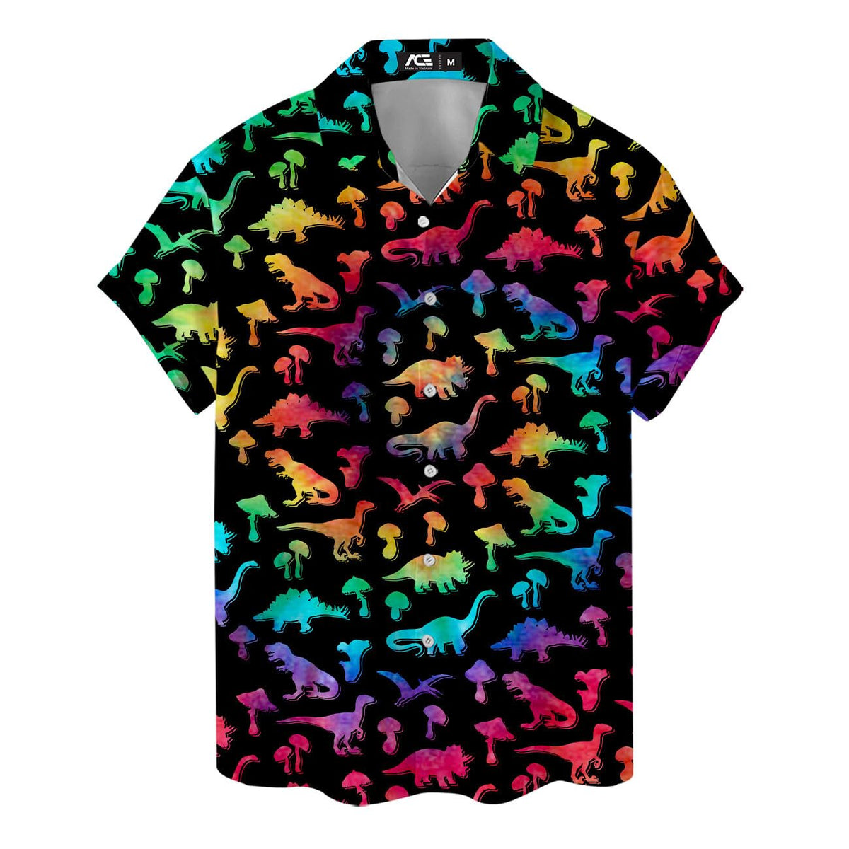 Hawaiian shirt with neon rainbow dinosaurs and mushrooms on black background