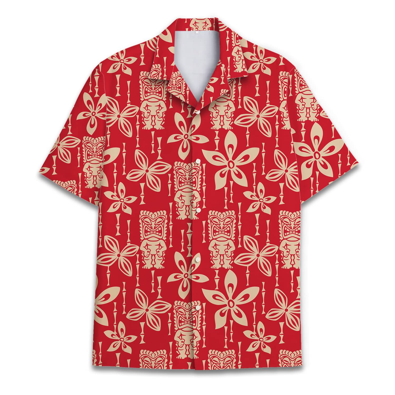 Red Hawaiian shirt with vintage tribal tiki and tropical floral pattern, perfect for beachwear and summer events