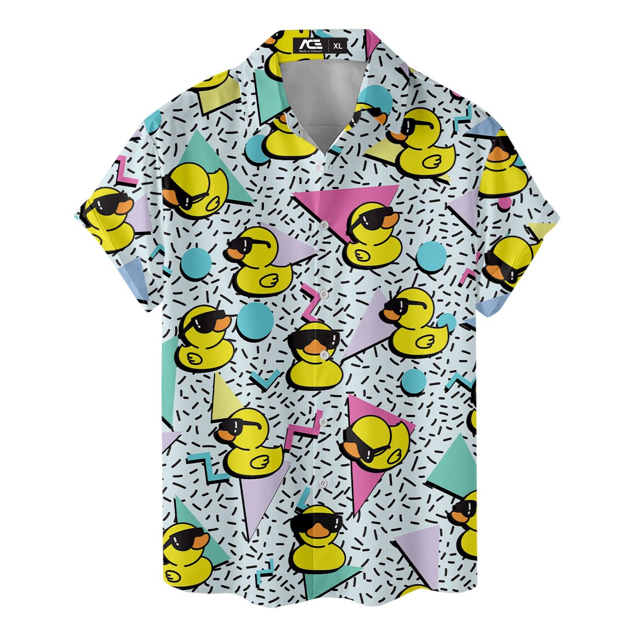 Hawaiian shirt with retro rubber duck print and geometric shapes
