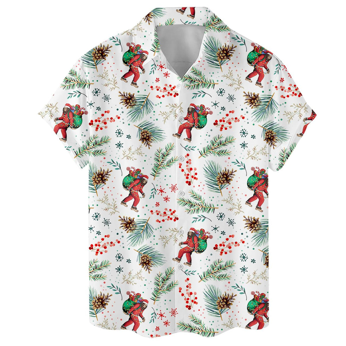 Funny Santa Christmas Hawaiian shirt with gift sack and pine design