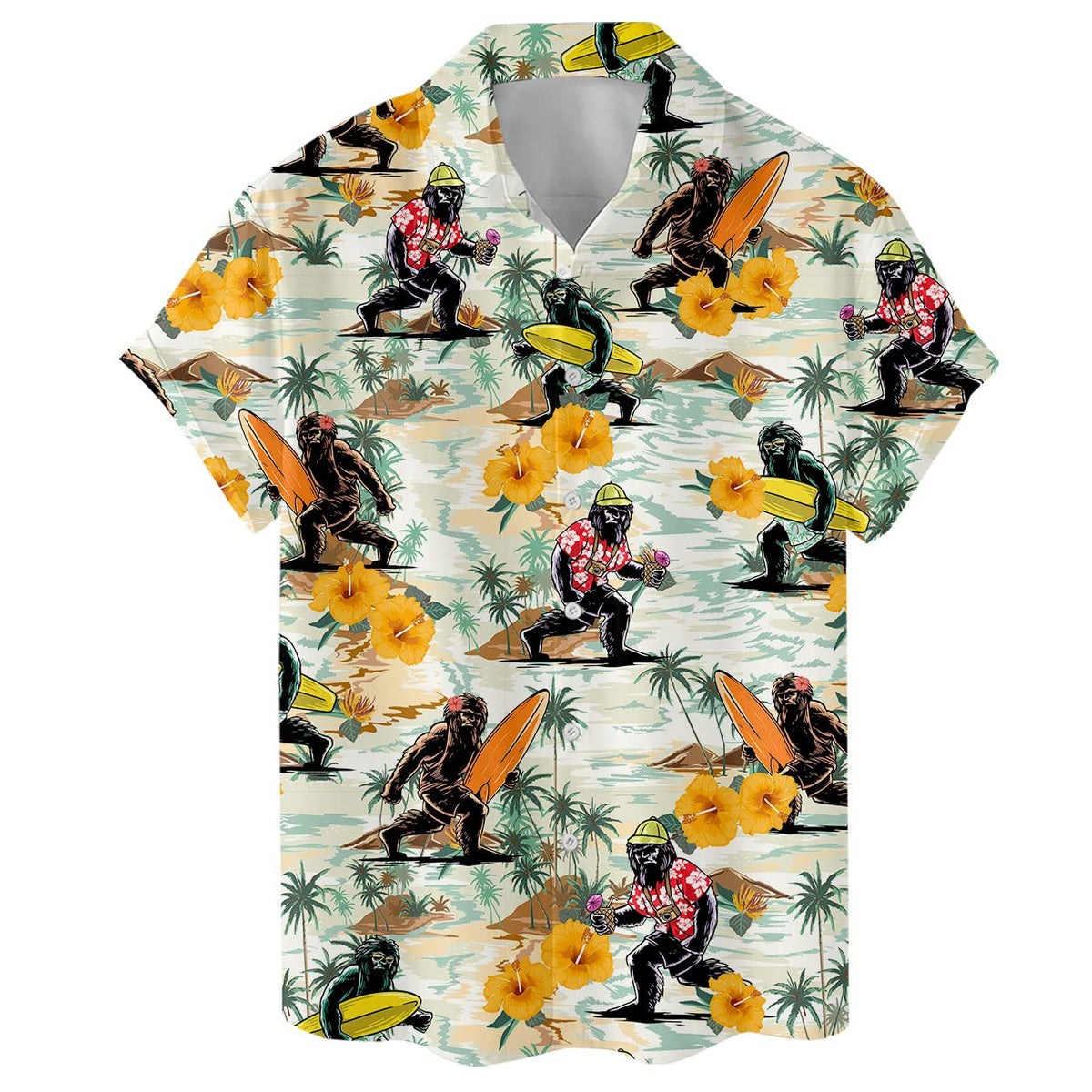 Hawaiian shirt with Bigfoot surfing, playing ukulele, and tropical flowers