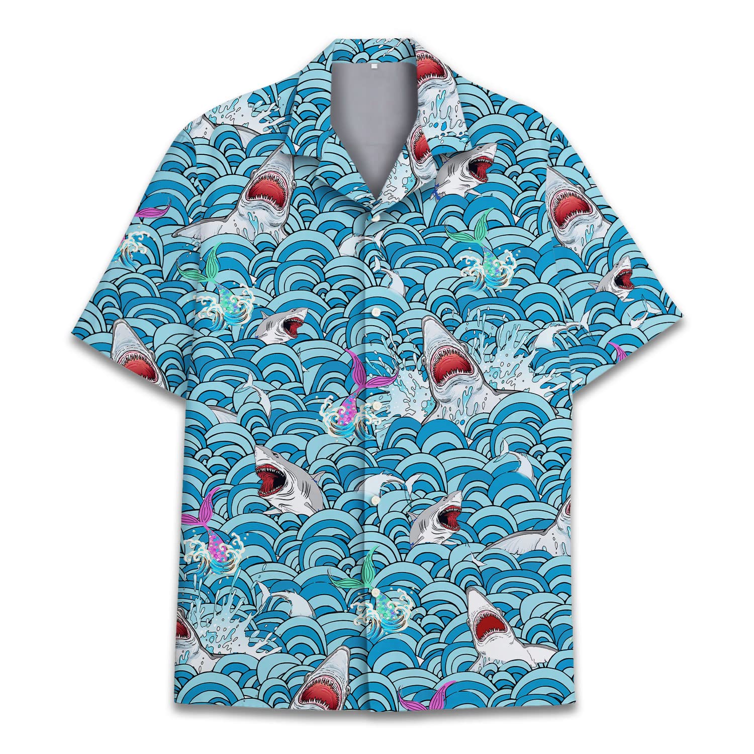 Funny Hawaiian shirt featuring cartoon sharks, ocean waves, and mermaids – perfect for beach parties or summer vacations