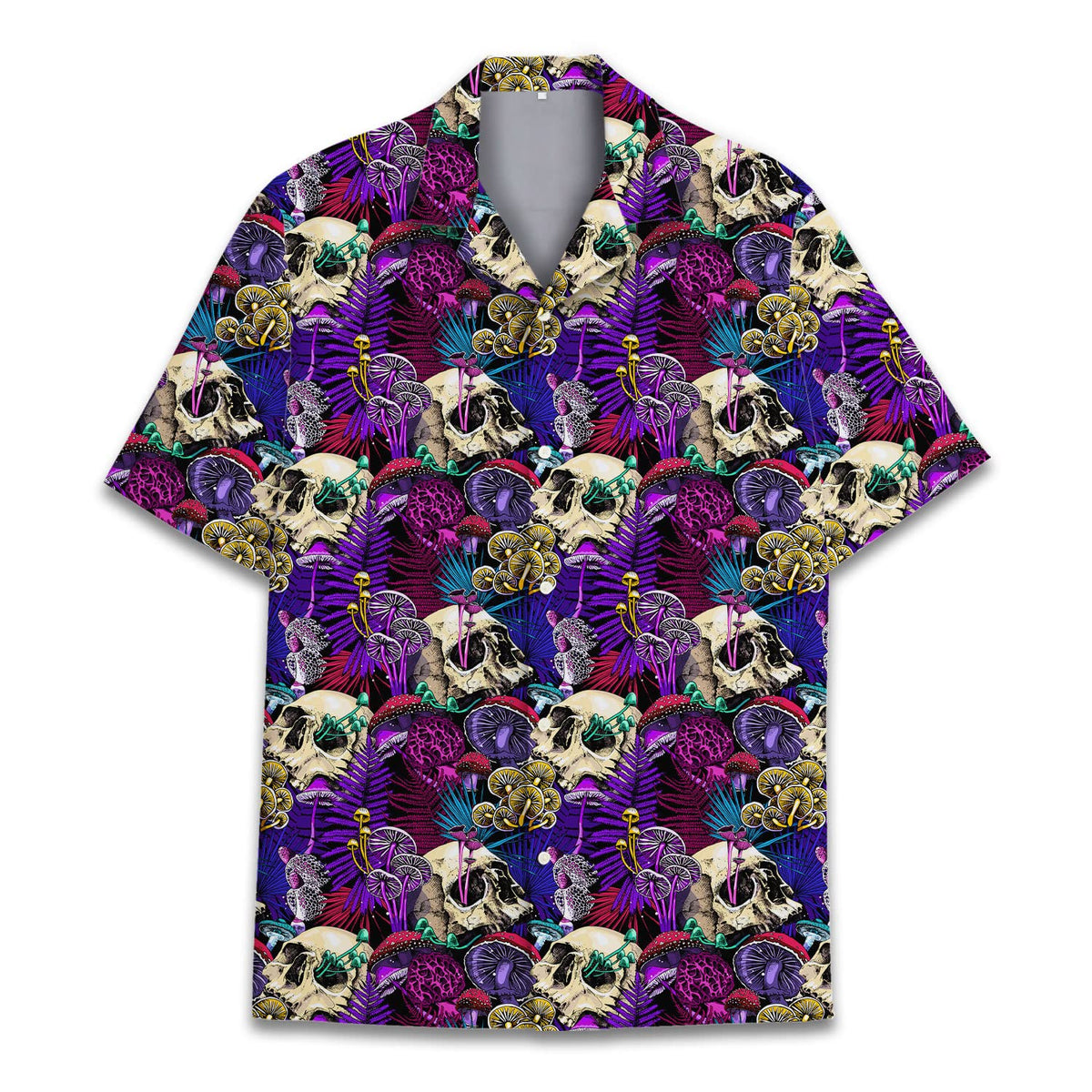 Hawaiian shirt with skulls, mushrooms, and neon tropical leaves in gothic purple tones – perfect for alternative summer style