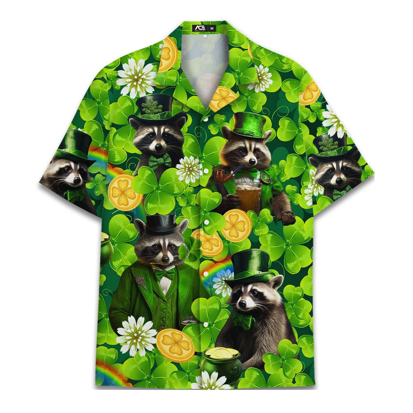 St. Patrick’s Day Hawaiian shirt with raccoons in leprechaun hats, clovers, and gold coins